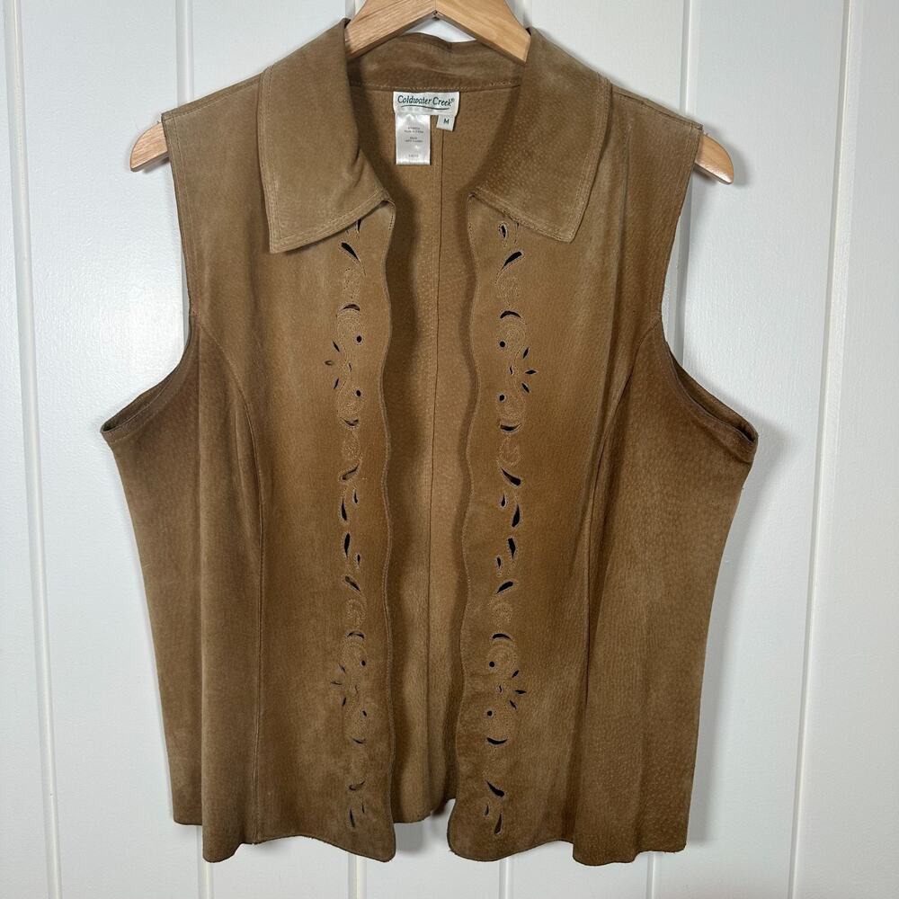 Coldwater Creek Leather Vest Medium Tan‎ Suede Open Front Prairie Boho light